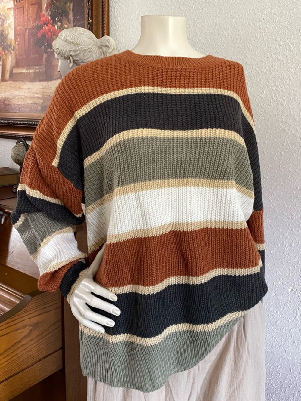 Striped Crewneck Sweater in Rust, Olive & Cream
